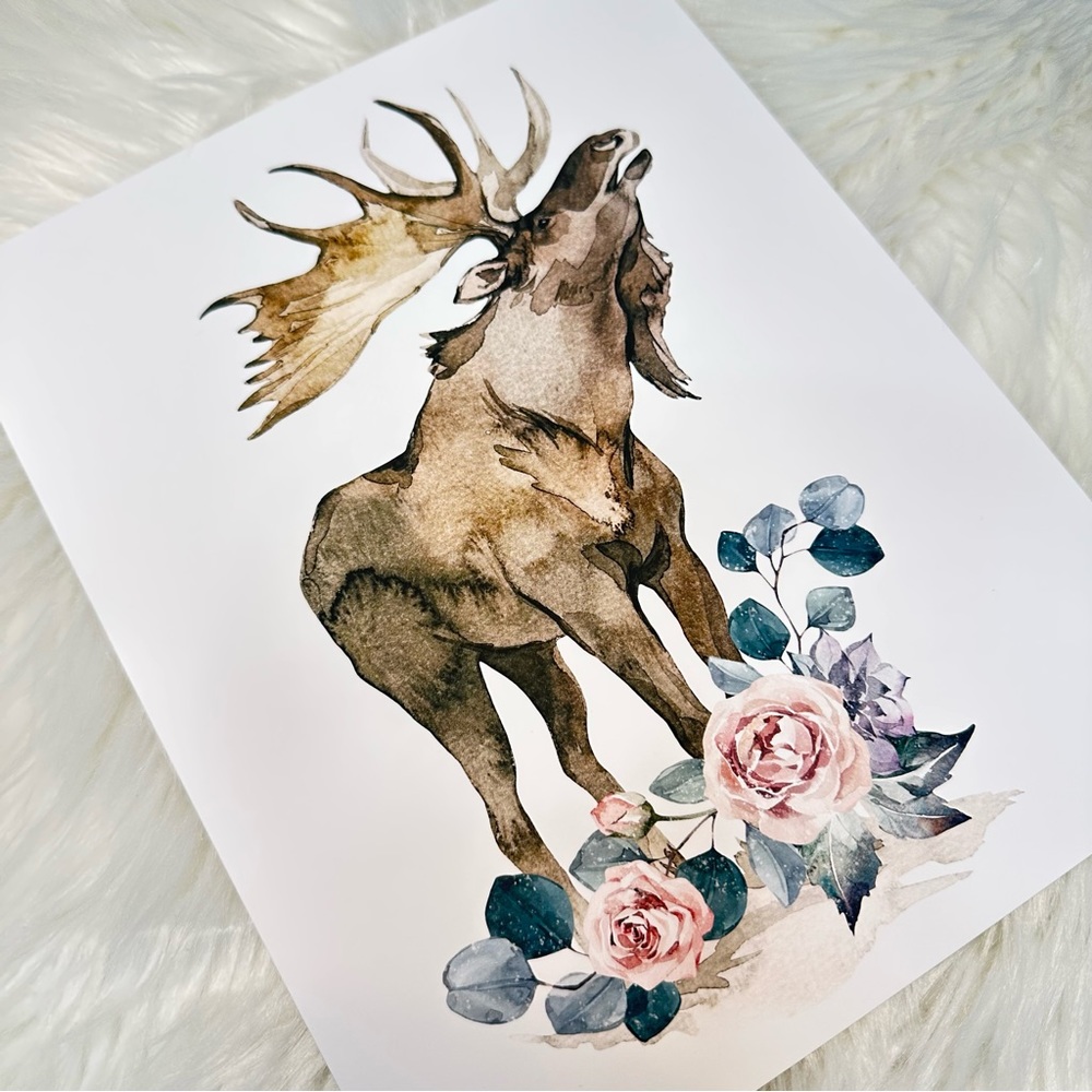 Watercolor Floral Moose Elk Deer Portrait Wall Art Illustration Print Unframed - Picture 16 of 17